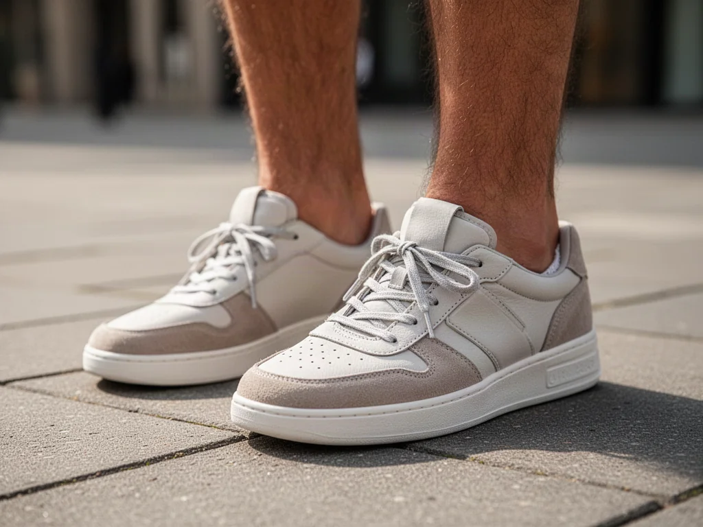 Stylowe sneakersy z estetycznie schowanymi sznurówkami, prezentujące minimalistyczny wygląd obuwia na miejskim tle.