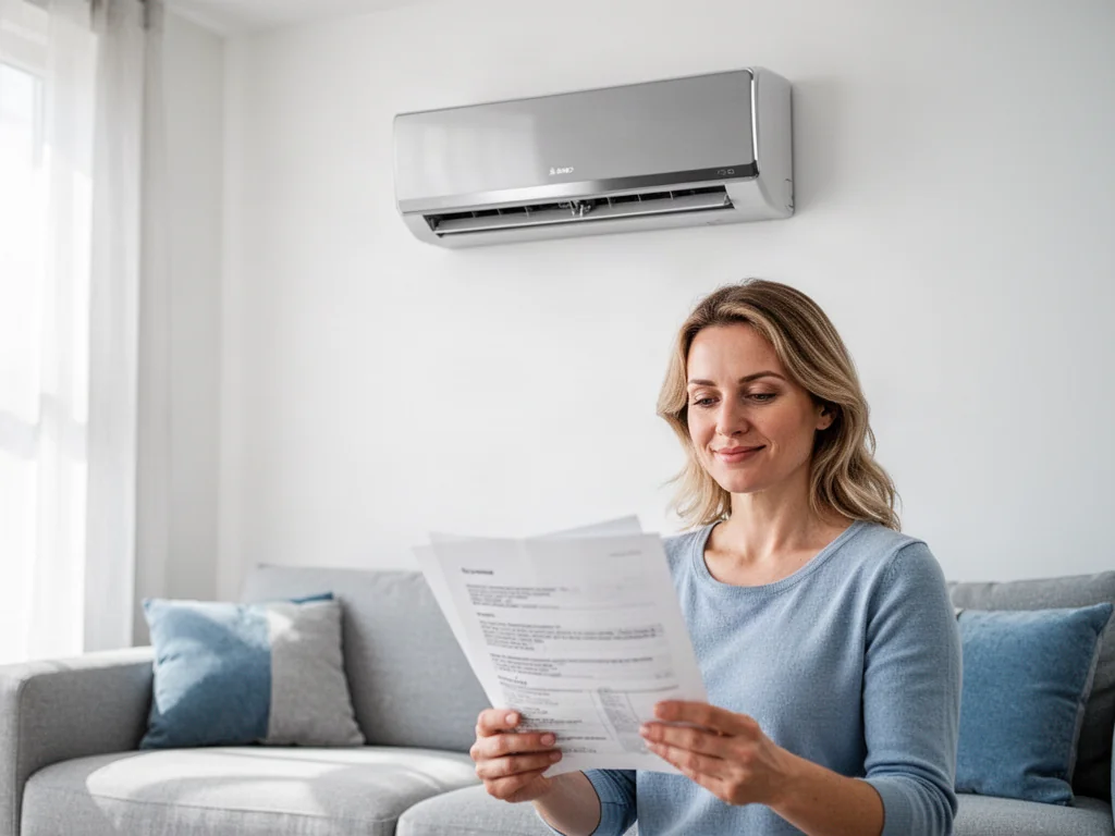 Kobieta trzymająca dokument w jasnym salonie z zamontowanym klimatyzatorem na ścianie.